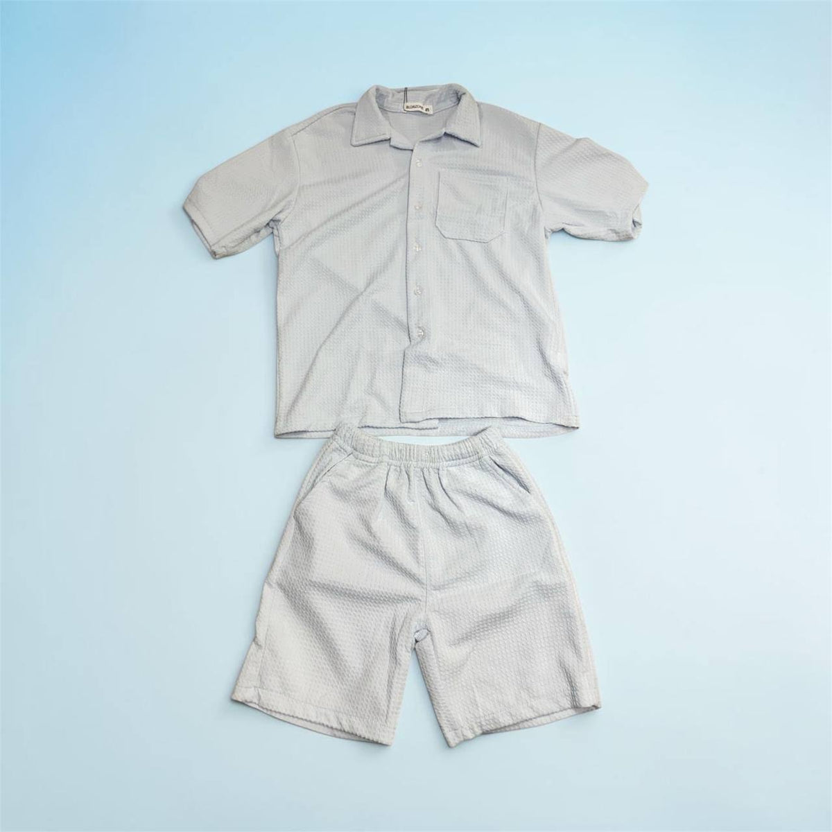 Waffle Knit Button-Down Shirt and Shorts Set #1251