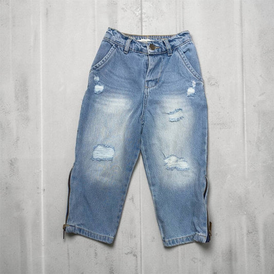 Side Zipper Distressed Jeans