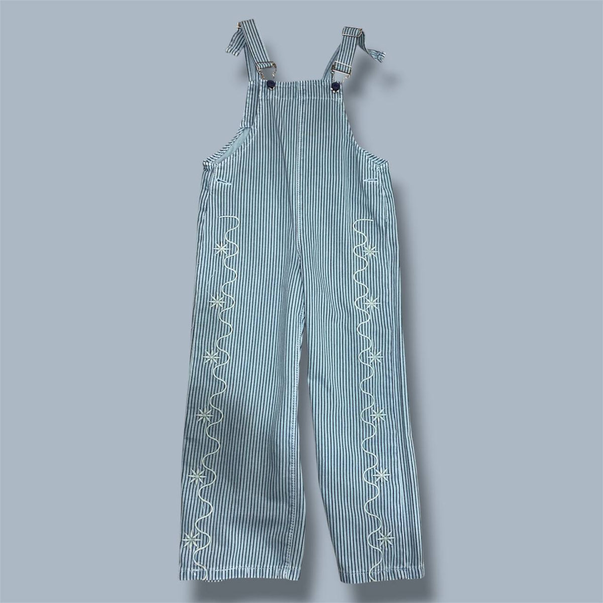Girls Embroidered Striped Overalls