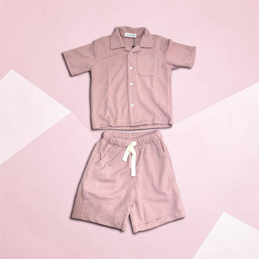 Waffle Knit Button-Down Shirt and Shorts Set #1252-1251