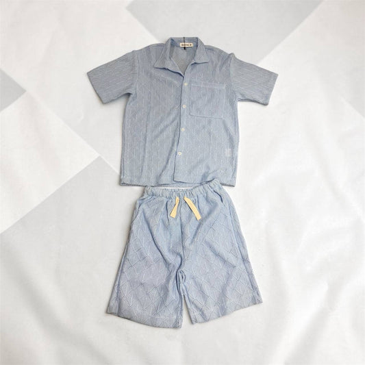Patterned Knit Button-Down Shirt and Shorts Set #1251