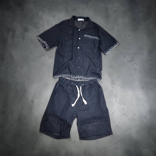 Contrast Stitch Knit Button-Down Shirt and Shorts Set