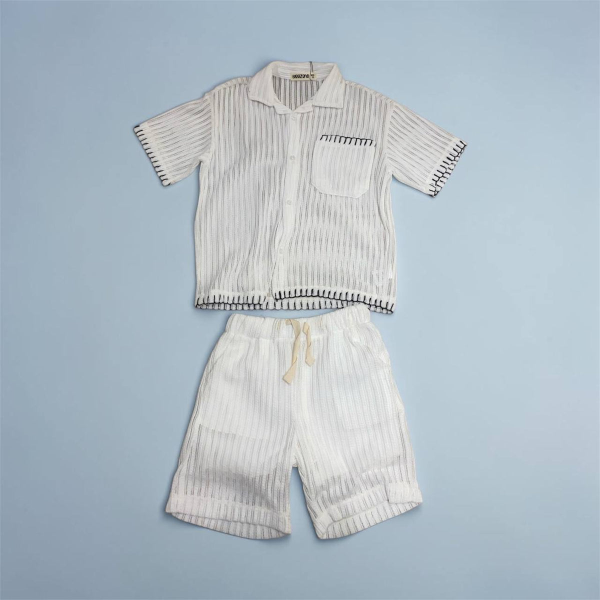 Contrast Stitch Knit Button-Down Shirt and Shorts Set